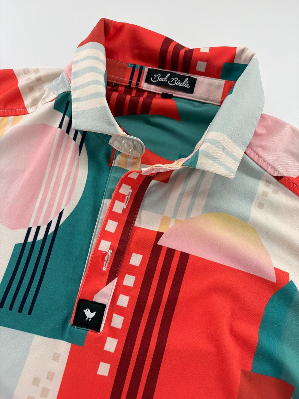 Bad Birdie Golf Polo Men's M Geometric Print Red Teal Pink Cream Short Sleeve